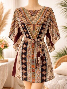 Boho Tribal Print Mini Dress Festival Kimono Sleeve Tie Waist Small